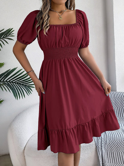 Flattering A-Line Silhouette Square Neck Puff Sleeve Smocked A-Line Midi Wedding Dress