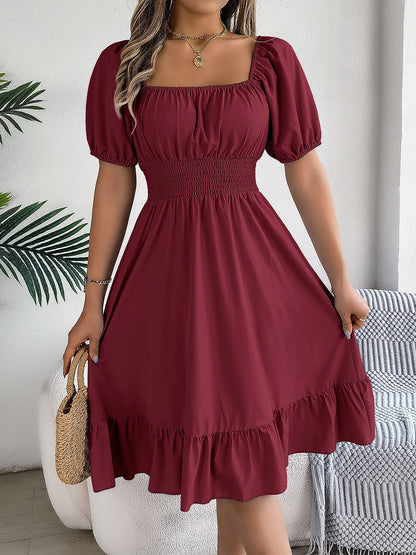 Flattering A-Line Silhouette Square Neck Puff Sleeve Smocked A-Line Midi Wedding Dress