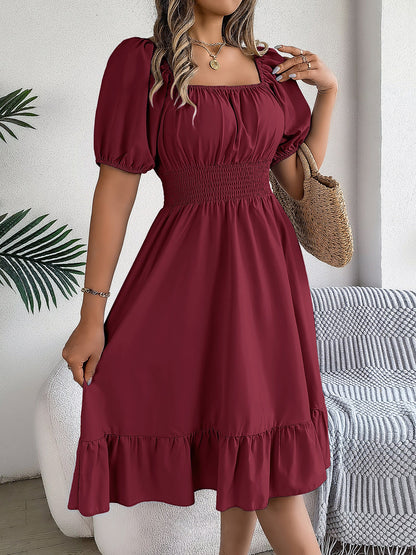 Flattering A-Line Silhouette Square Neck Puff Sleeve Smocked A-Line Midi Wedding Dress