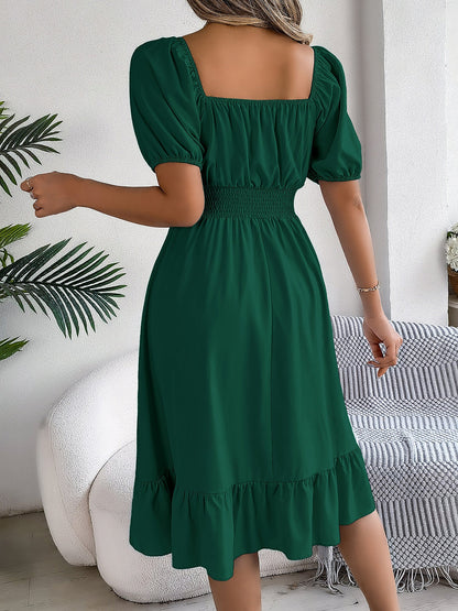 Flattering A-Line Silhouette Square Neck Puff Sleeve Smocked A-Line Midi Wedding Dress