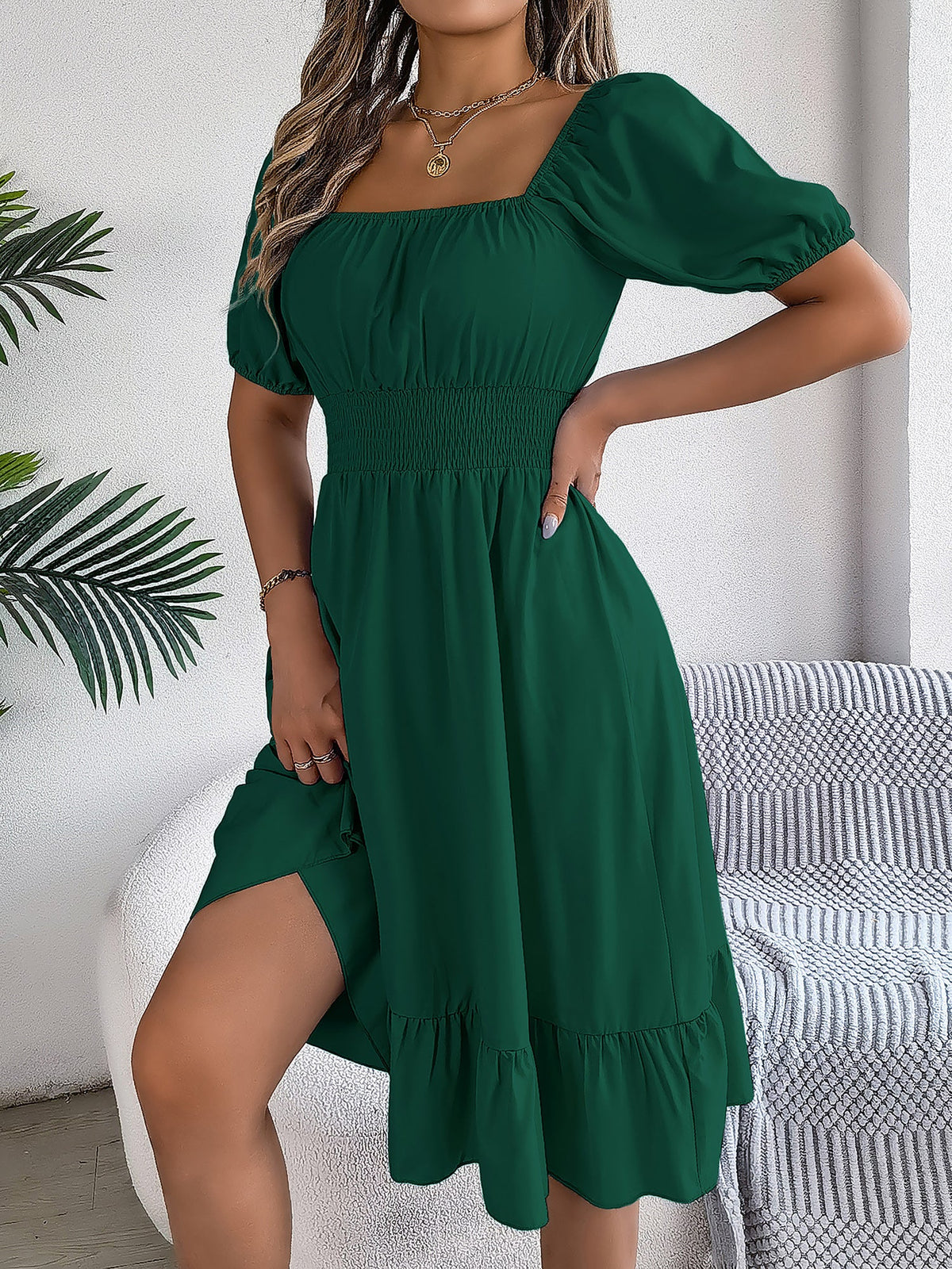 Flattering A-Line Silhouette Square Neck Puff Sleeve Smocked A-Line Midi Wedding Dress