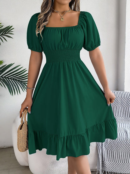 Flattering A-Line Silhouette Square Neck Puff Sleeve Smocked A-Line Midi Wedding Dress