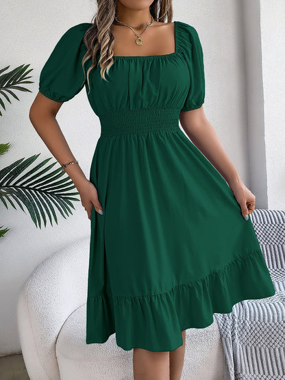 Flattering A-Line Silhouette Square Neck Puff Sleeve Smocked A-Line Midi Wedding Dress