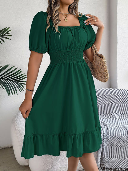 Flattering A-Line Silhouette Square Neck Puff Sleeve Smocked A-Line Midi Wedding Dress
