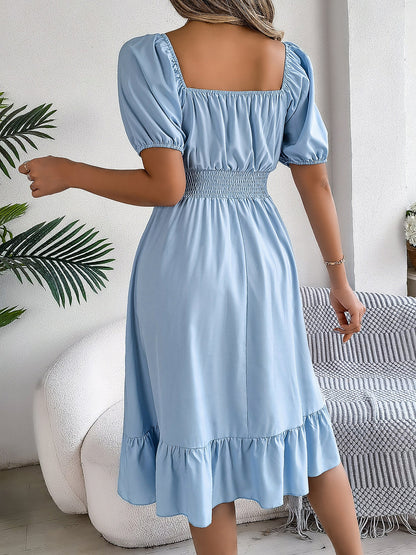 Flattering A-Line Silhouette Square Neck Puff Sleeve Smocked A-Line Midi Wedding Dress