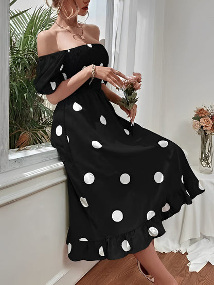 Vintage Elastic Smocking & Flutter Ruffles Polka Dot Off Shoulder Midi Cotton Dress