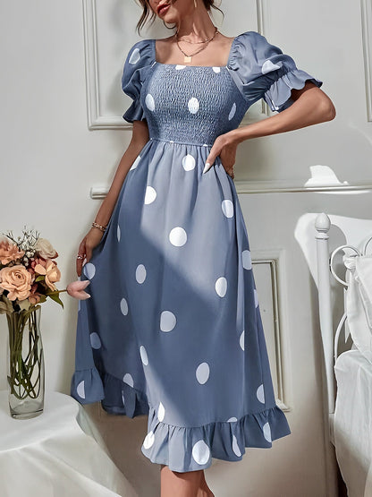 Vintage Elastic Smocking & Flutter Ruffles Polka Dot Off Shoulder Midi Cotton Dress