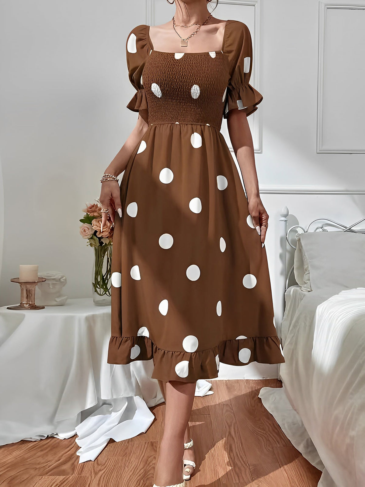 Vintage Elastic Smocking & Flutter Ruffles Polka Dot Off Shoulder Midi Cotton Dress