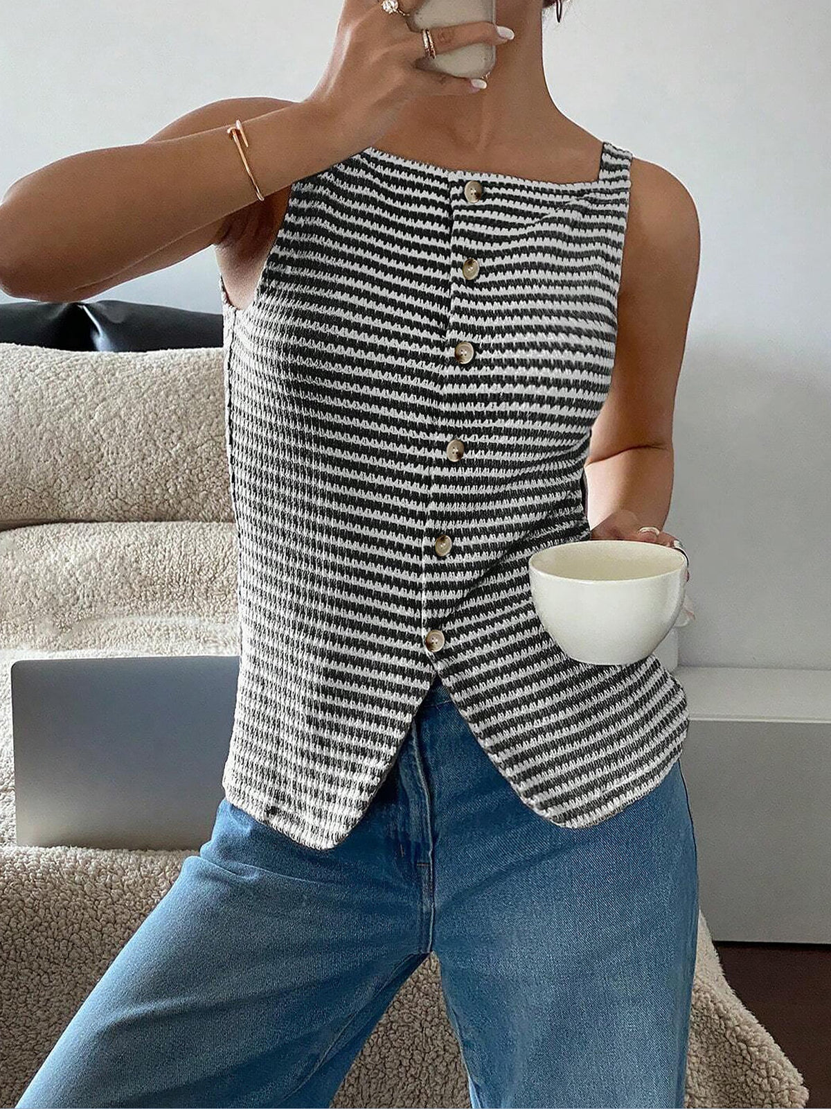 Classic Relaxed Fit Breton Stripe Button Down Sleeveless Striped Knit Daily & Office Top