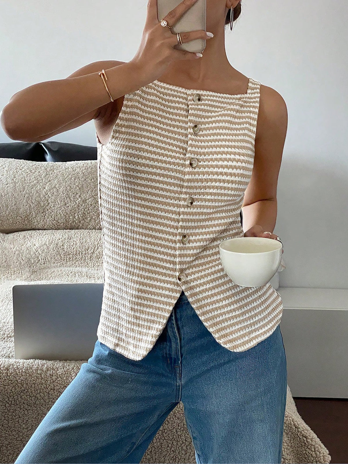 Classic Relaxed Fit Breton Stripe Button Down Sleeveless Striped Knit Daily & Office Top