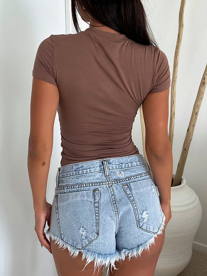 Y2K Style Solid Color Crew Neck Short Sleeve T-Shirt