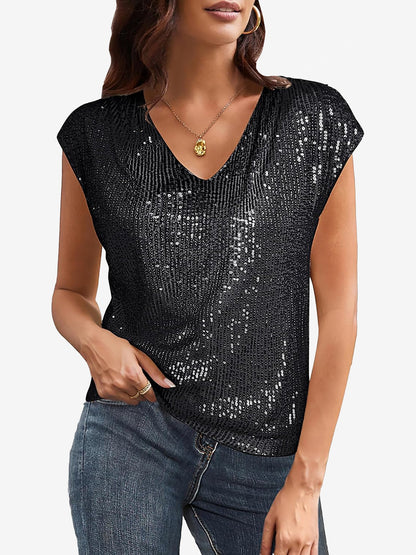 Cap Sleeve Sequin V Neck Glitter Blouse