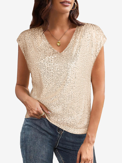 Cap Sleeve Sequin V Neck Glitter Blouse
