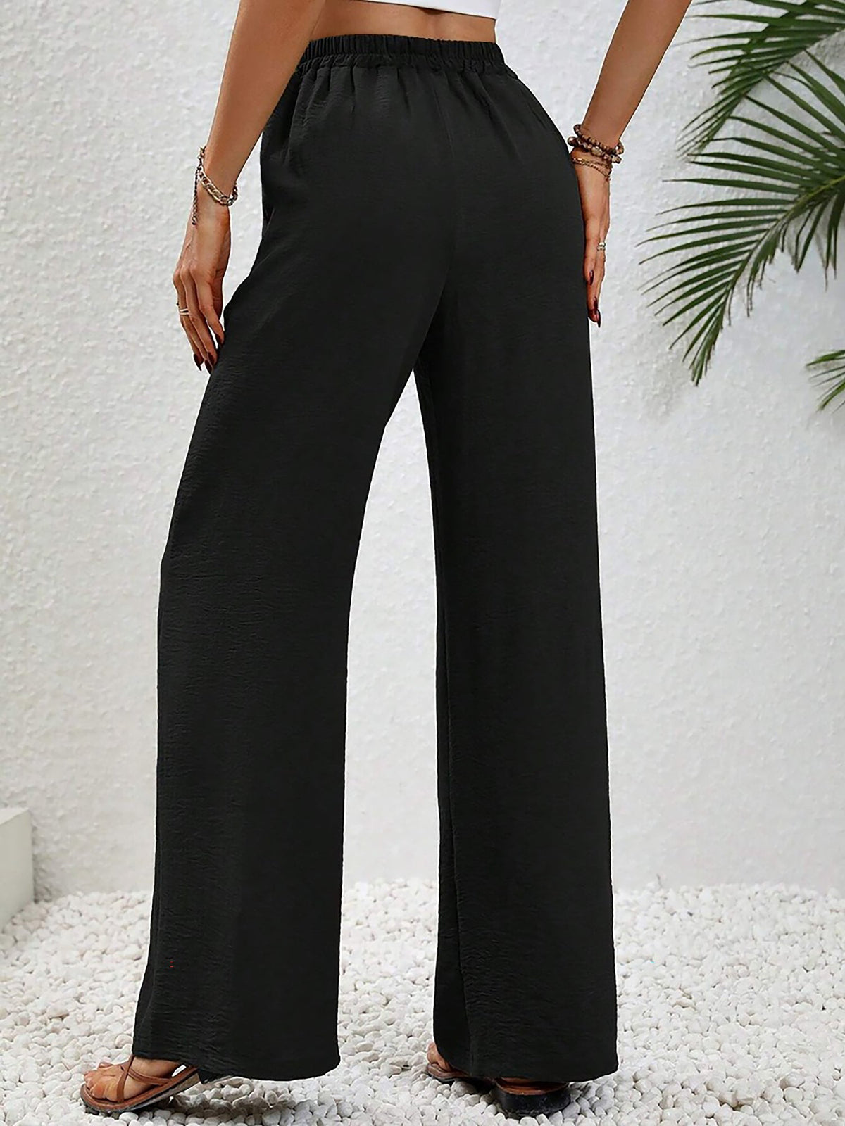 Solid Color Elastic Waist Casual Wide Legs Pants