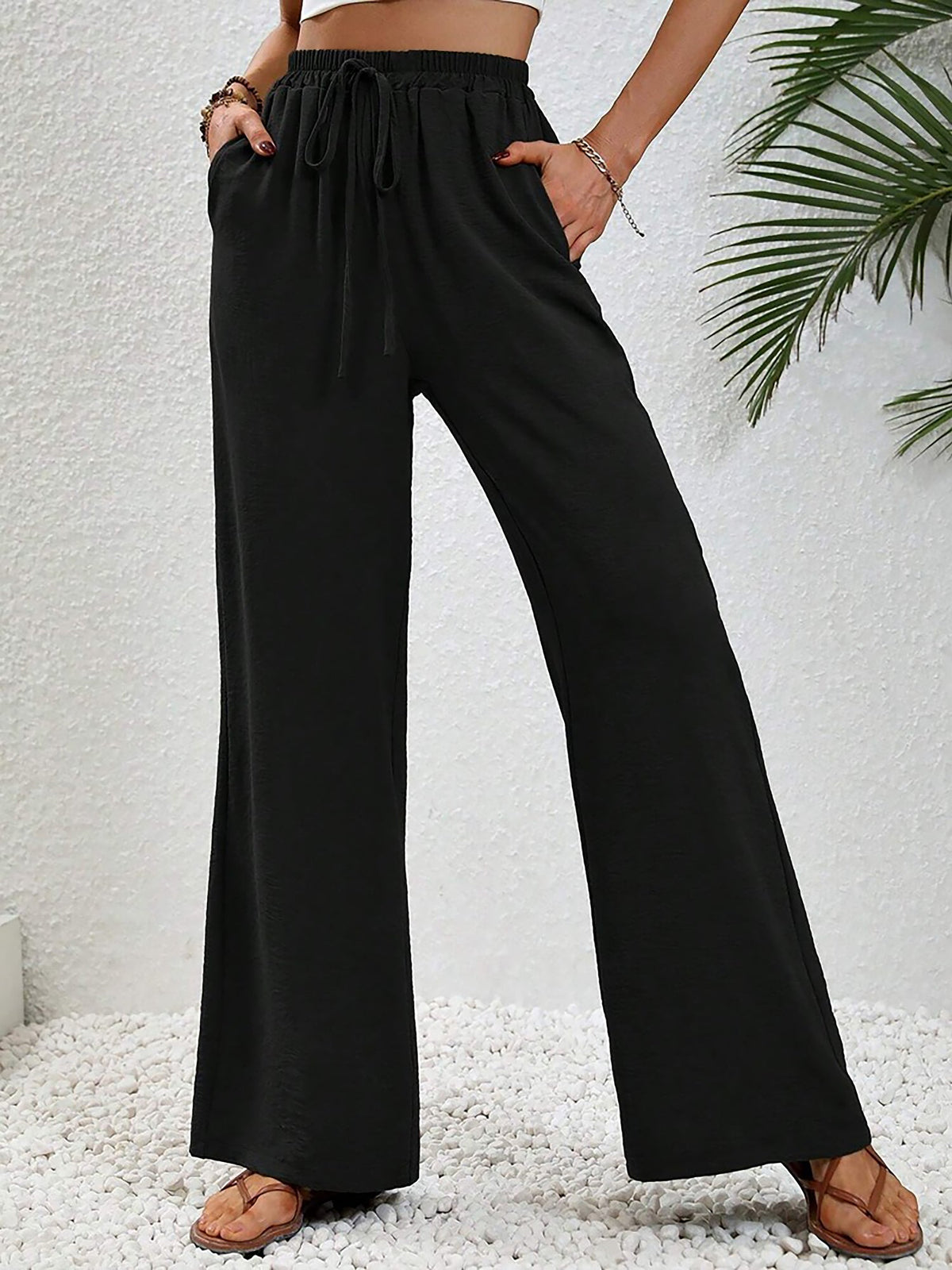 Solid Color Elastic Waist Casual Wide Legs Pants