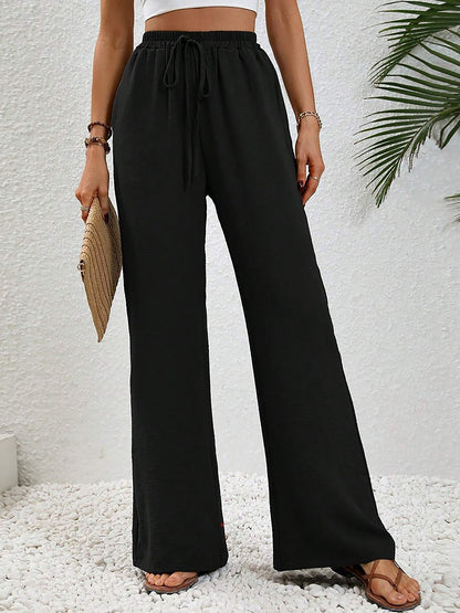 Solid Color Elastic Waist Casual Wide Legs Pants