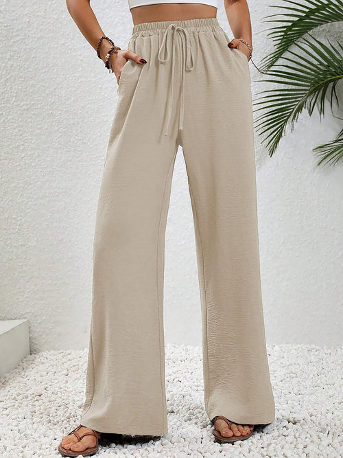 Solid Color Elastic Waist Casual Wide Legs Pants