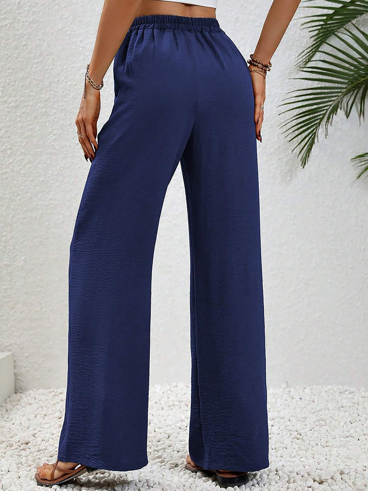 Solid Color Elastic Waist Casual Wide Legs Pants