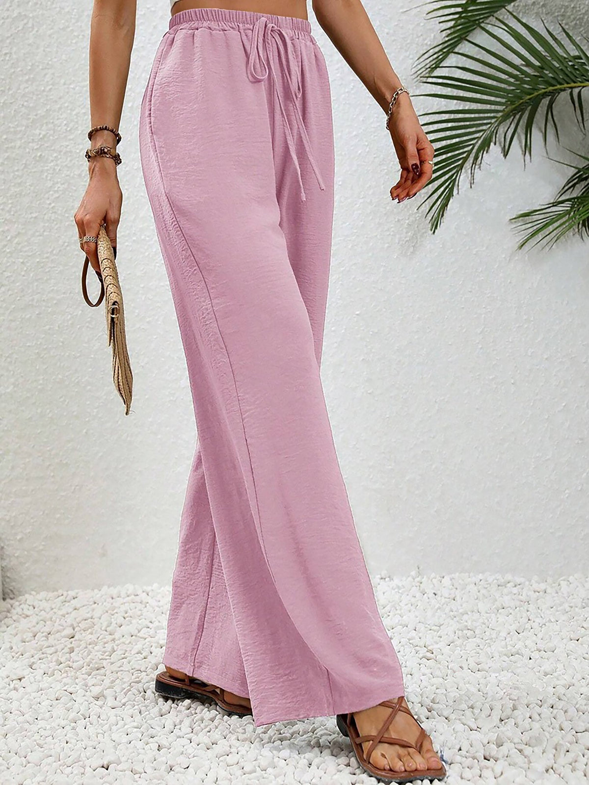 Solid Color Elastic Waist Casual Wide Legs Pants