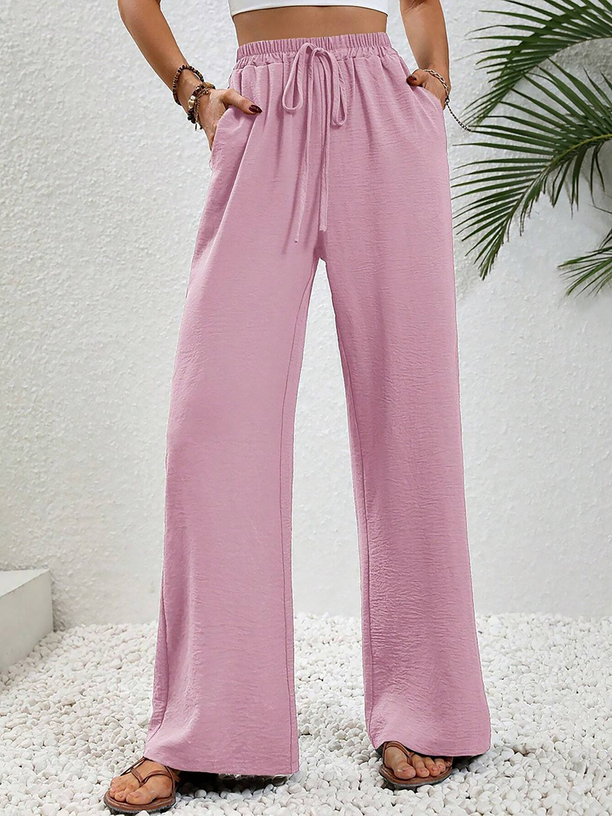 Solid Color Elastic Waist Casual Wide Legs Pants