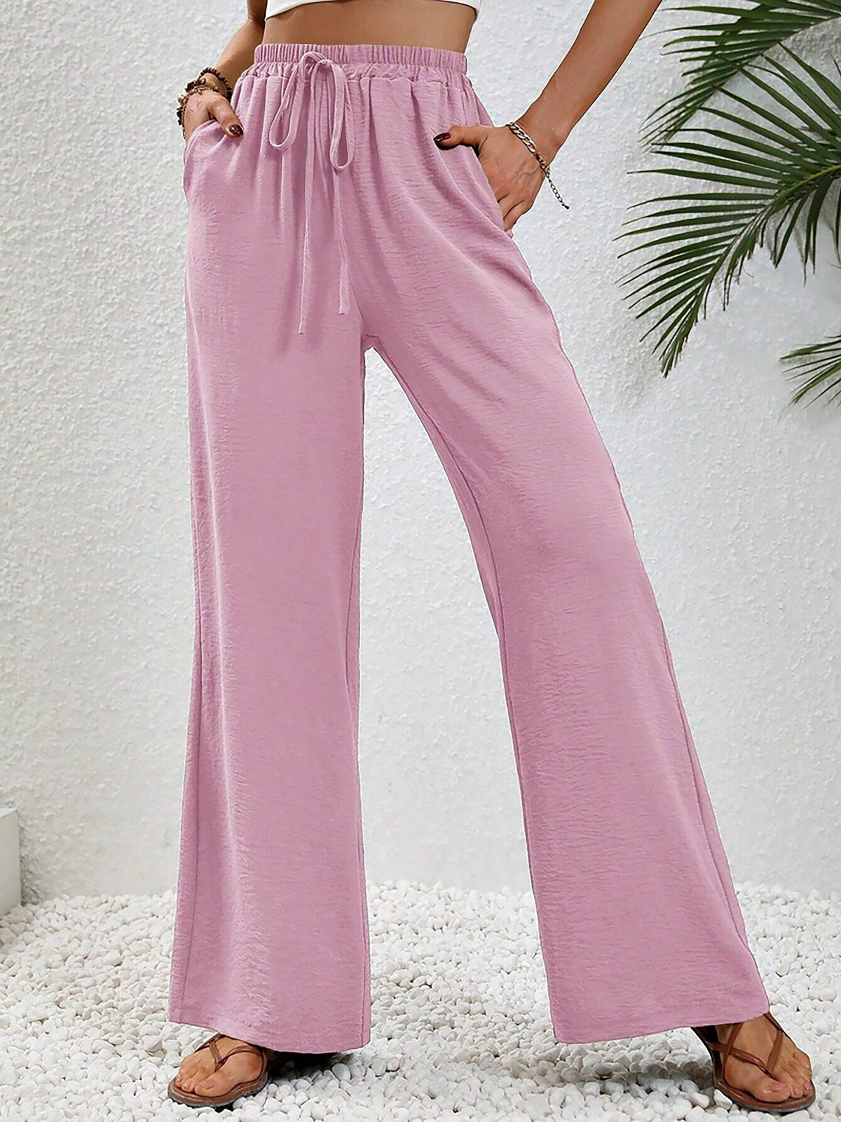 Solid Color Elastic Waist Casual Wide Legs Pants