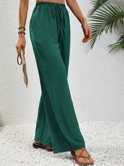 Solid Color Elastic Waist Casual Wide Legs Pants
