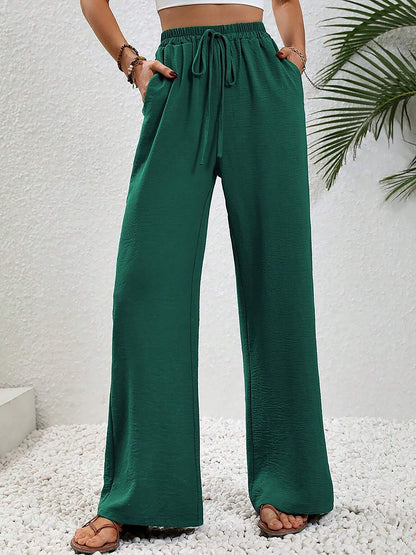 Solid Color Elastic Waist Casual Wide Legs Pants