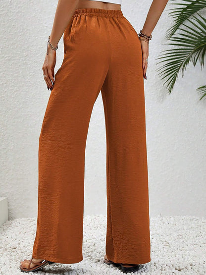 Solid Color Elastic Waist Casual Wide Legs Pants