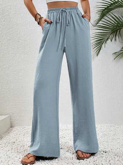 Solid Color Elastic Waist Casual Wide Legs Pants
