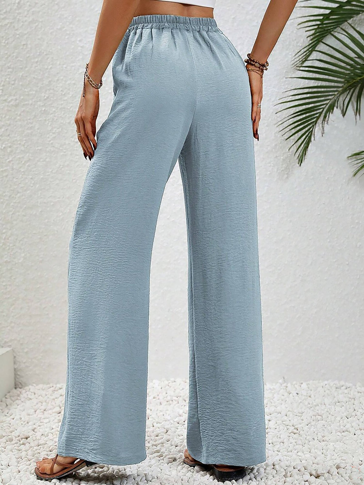 Solid Color Elastic Waist Casual Wide Legs Pants
