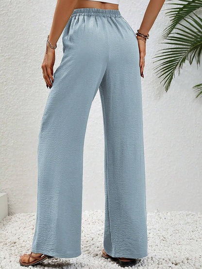 Solid Color Elastic Waist Casual Wide Legs Pants
