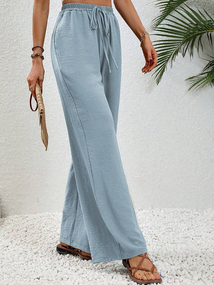 Solid Color Elastic Waist Casual Wide Legs Pants