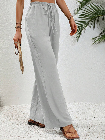 Solid Color Elastic Waist Casual Wide Legs Pants