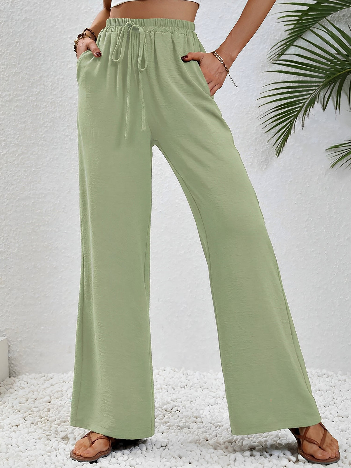 Solid Color Elastic Waist Casual Wide Legs Pants