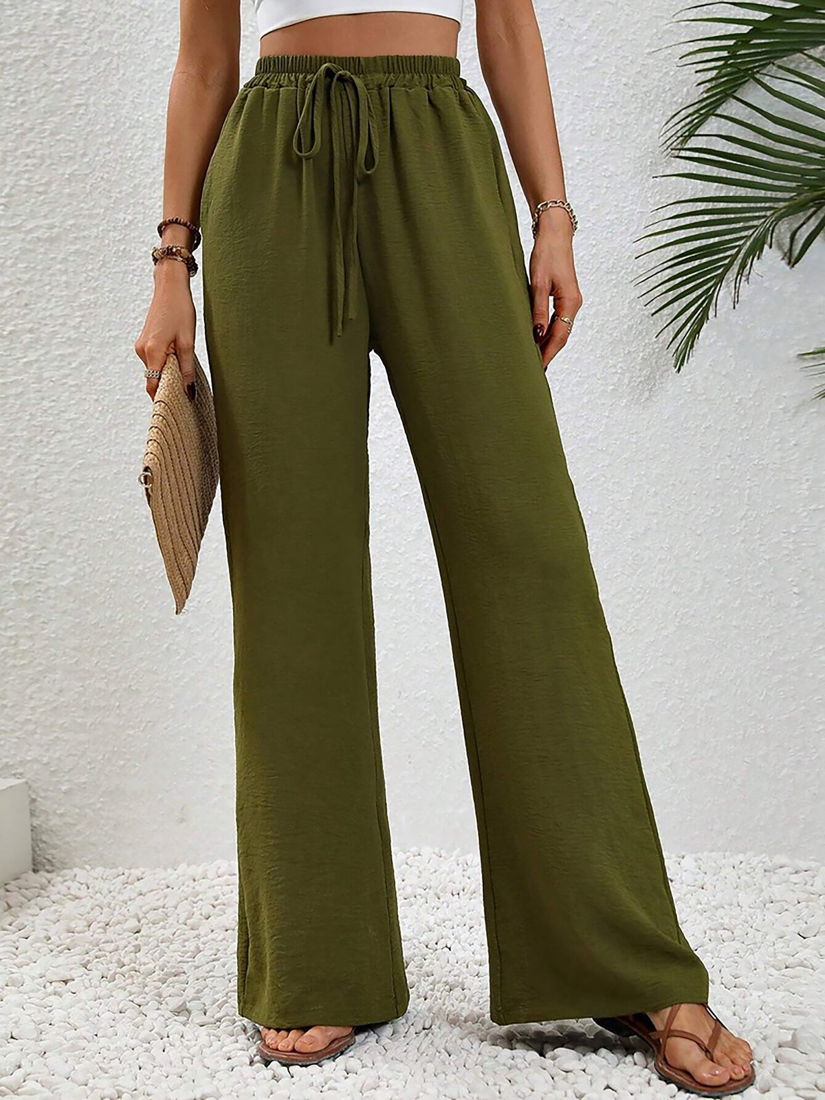 Solid Color Elastic Waist Casual Wide Legs Pants