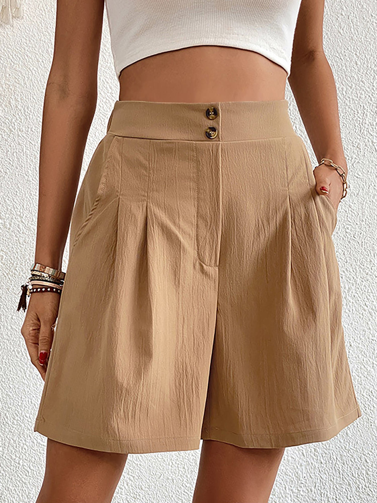 Solid Color High Waist Pleated Pocketed Shorts