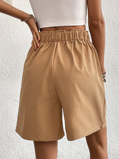 Solid Color High Waist Pleated Pocketed Shorts