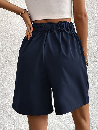 Solid Color High Waist Pleated Pocketed Shorts
