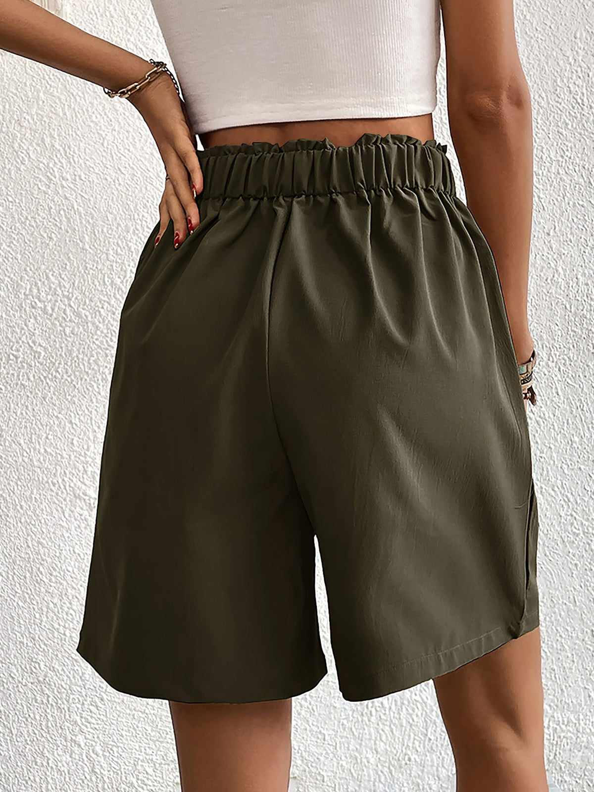 Solid Color High Waist Pleated Pocketed Shorts