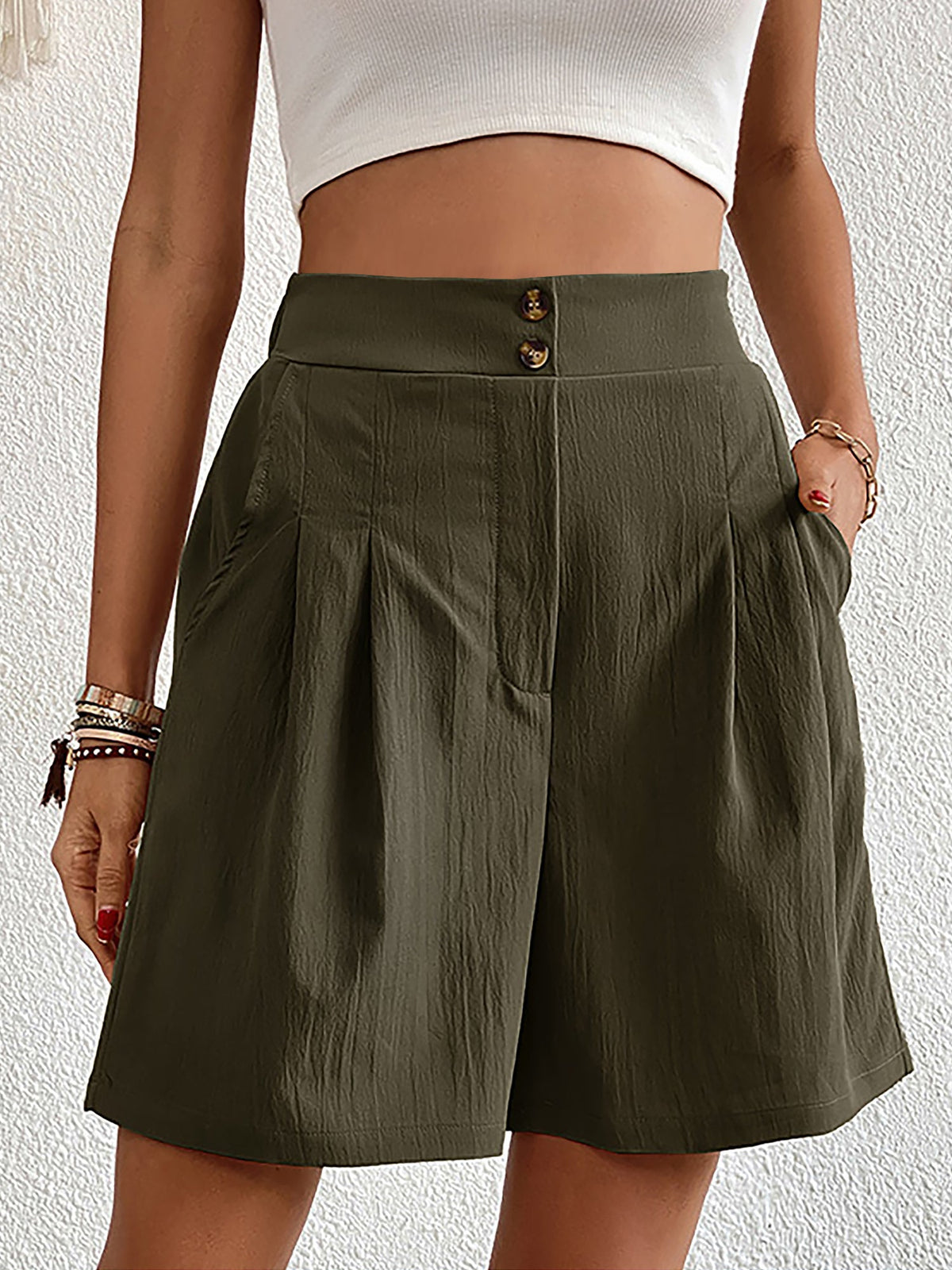 Solid Color High Waist Pleated Pocketed Shorts