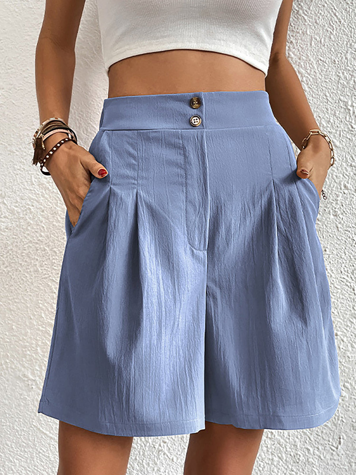 Solid Color High Waist Pleated Pocketed Shorts