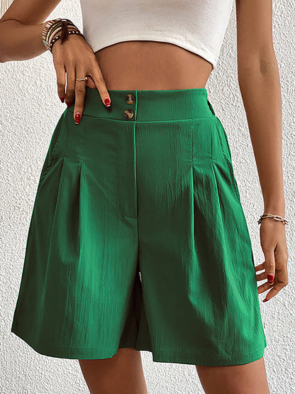 Solid Color High Waist Pleated Pocketed Shorts