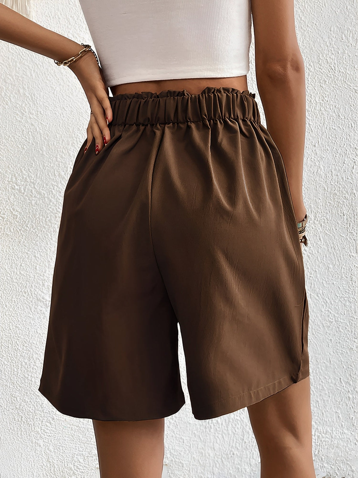 Solid Color High Waist Pleated Pocketed Shorts