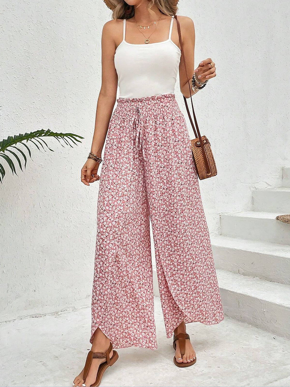 Versatile Ankle-Length Graphic Smocked Elastic Waist Wide Legs Pants