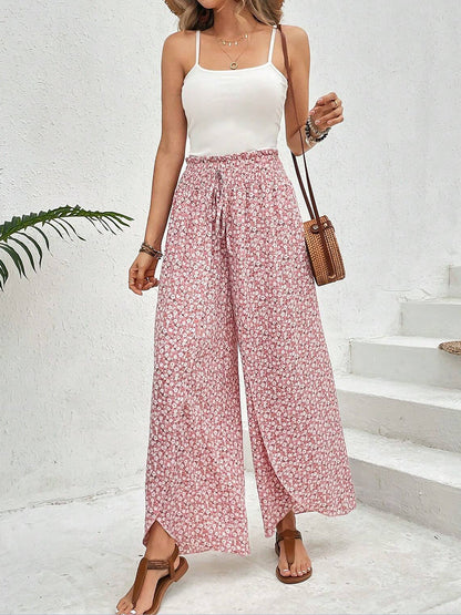 Versatile Ankle-Length Graphic Smocked Elastic Waist Wide Legs Pants