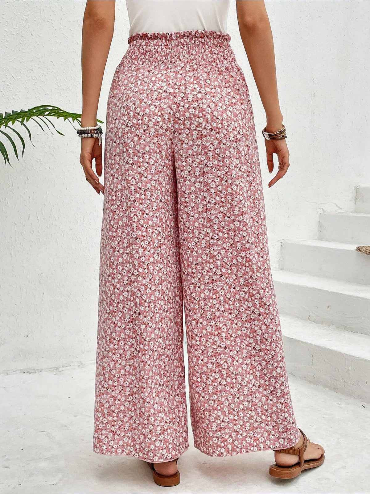 Versatile Ankle-Length Graphic Smocked Elastic Waist Wide Legs Pants