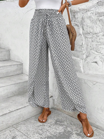 Versatile Ankle-Length Graphic Smocked Elastic Waist Wide Legs Pants