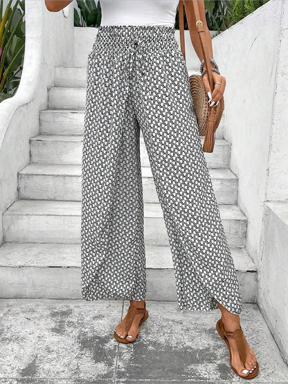Versatile Ankle-Length Graphic Smocked Elastic Waist Wide Legs Pants