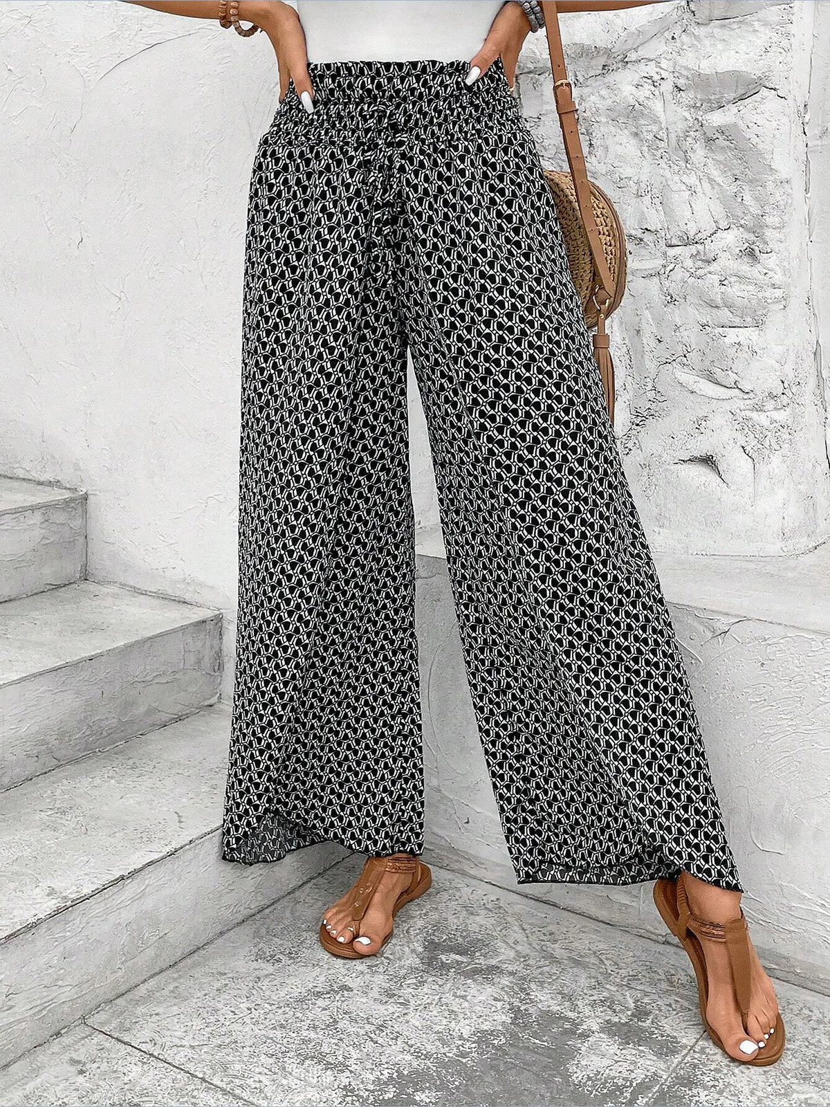 Versatile Ankle-Length Graphic Smocked Elastic Waist Wide Legs Pants