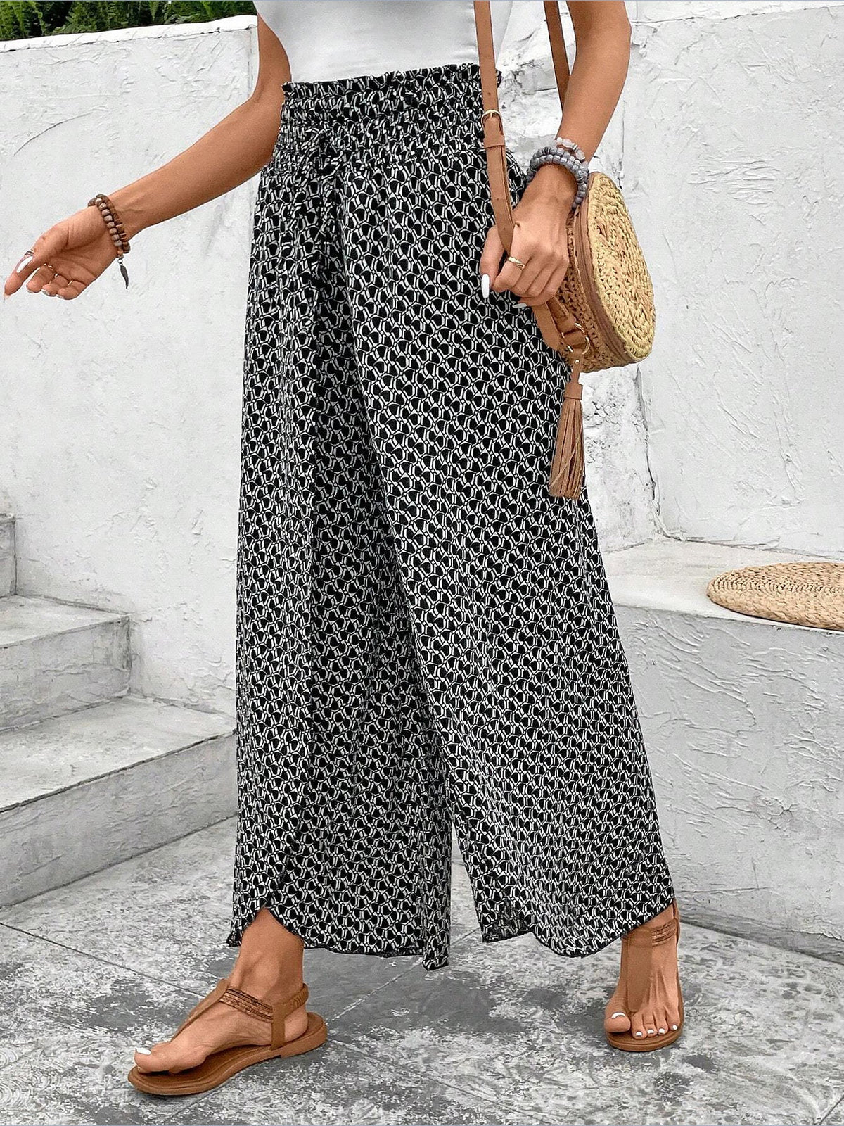 Versatile Ankle-Length Graphic Smocked Elastic Waist Wide Legs Pants
